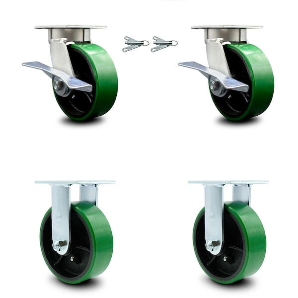 6 Inch Kingpinless Green Poly on Steel Wheel Caster Swivel Locks 2 Rigid, 2PK